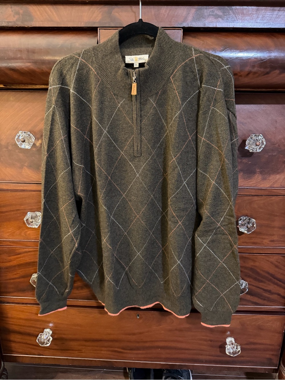 Peter Millar Brown Argyle Half-Zip Sweater with Coral Trim